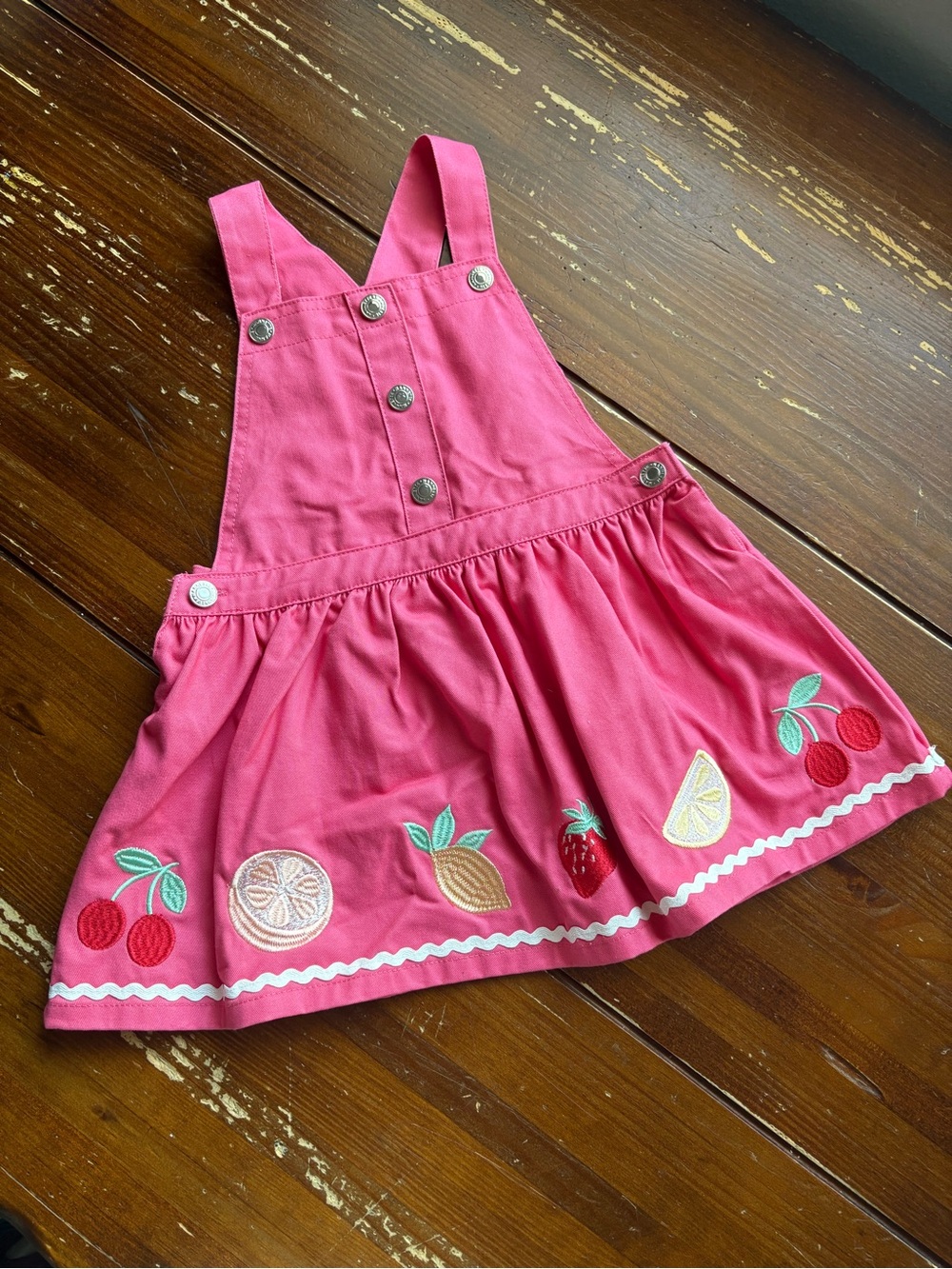 Nannette Hot Pink Fruit Embroidered Overalls Dress